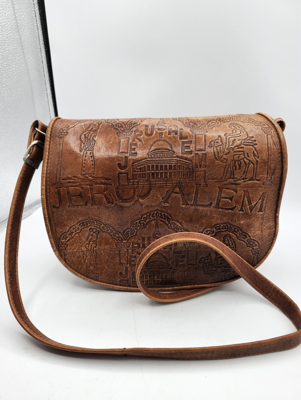 Jerusalem Embossed Leather Crossbody Vintage Bag Brown Handmade Handtooled